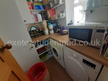 Utility room with washing machine, tumble dryer and microwave.