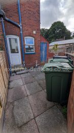 Back yard showing kitchen door (white), washing machine room (blue door).